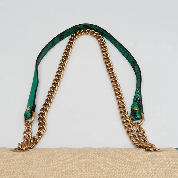 Gucci Natural Raffia and Green Snakeskin GG Marmont Small Matelasse Shoulder Bag - Picture 6 of 11